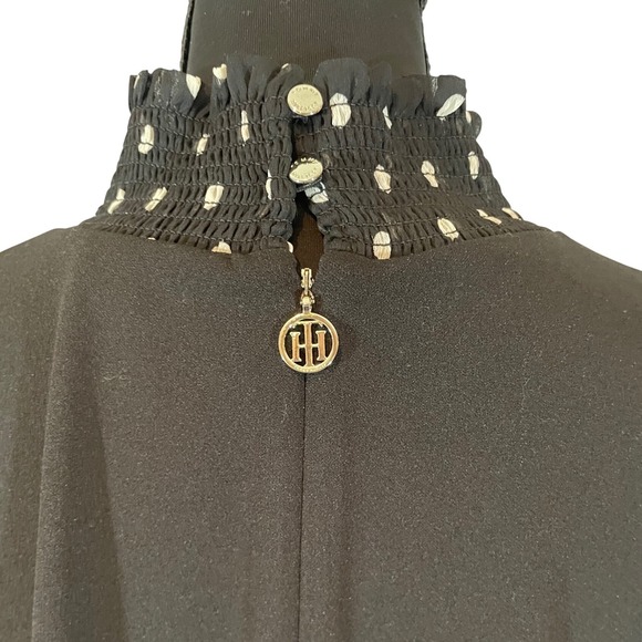 Tommy Hilfiger Black Polka Dot Sheer Sleeve Smocked High Neck Shift Dress Sz 16 - Picture 3 of 7